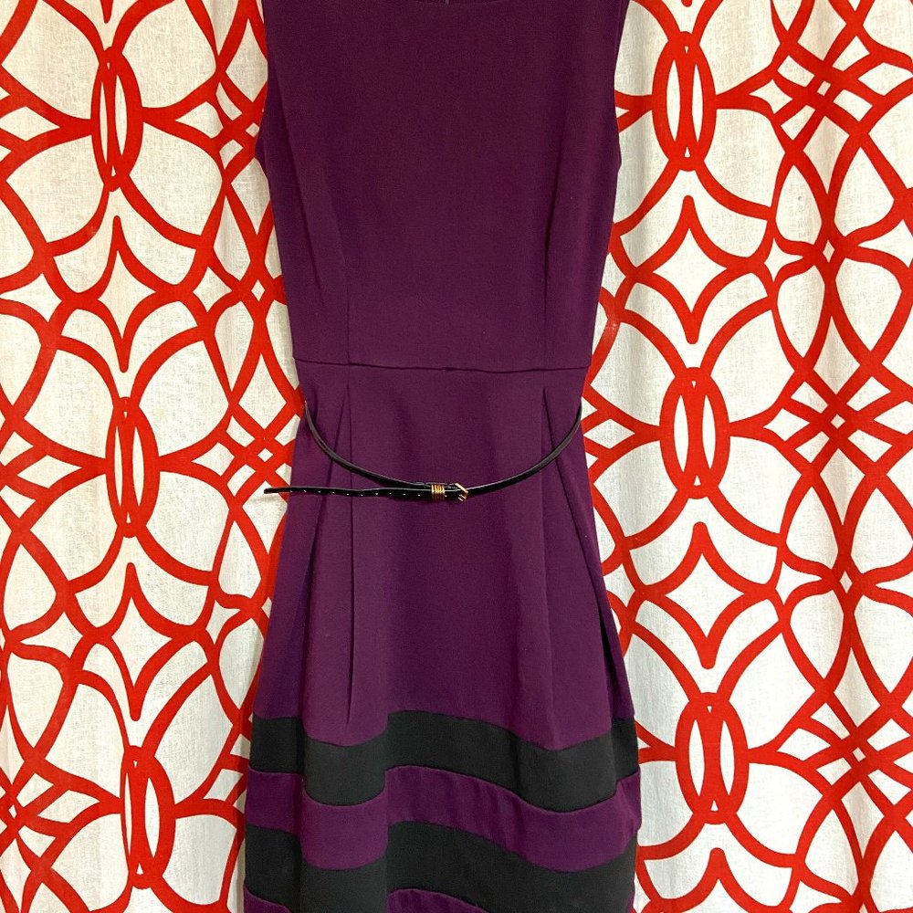 Stretchy Knit Purple A-Line Sleeveless Dress with Belt and POCKETS!